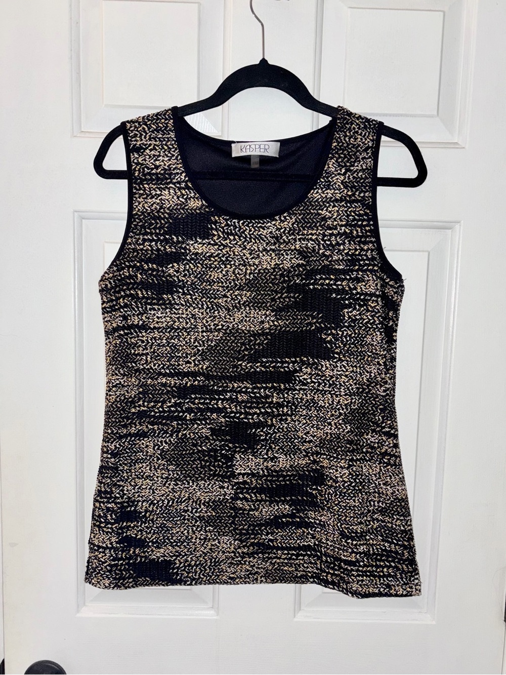 Kasper Black & Gold Open Knit Textured Scoop Neck Stretch Tank Top